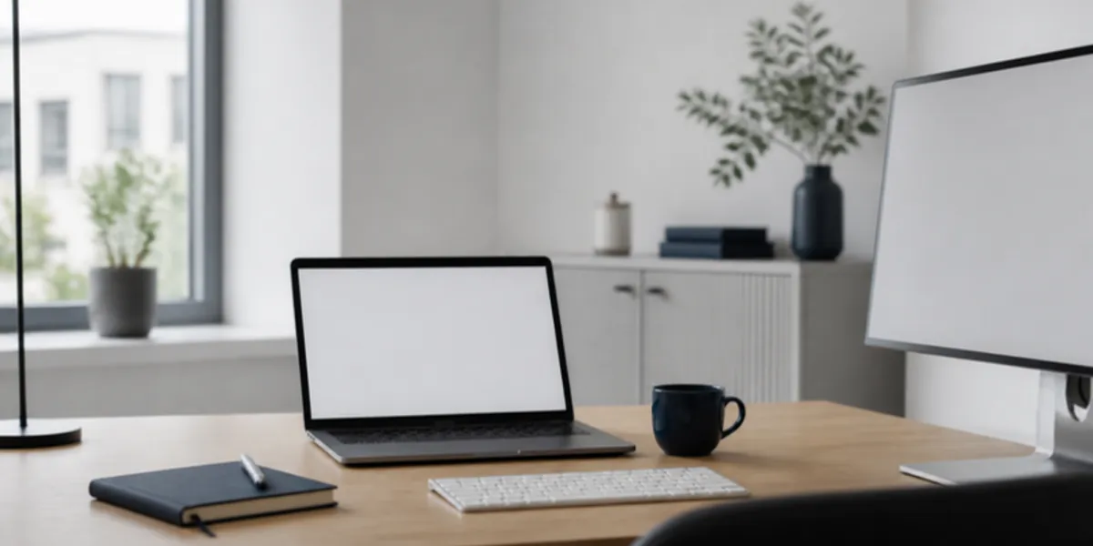 Aufgeräumter Arbeitsplatz mit Laptop, Monitor und Notizbuch