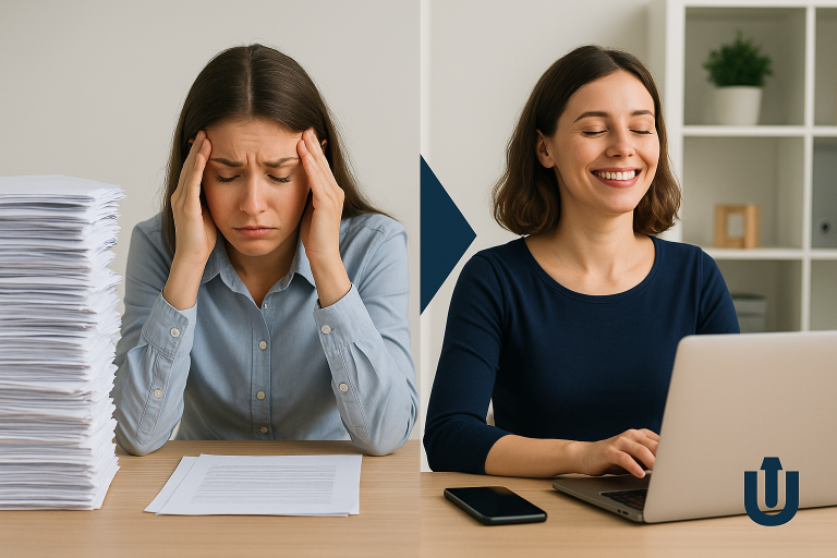 Vorher: gestresster Arbeitsplatz mit Papierstapel – Nachher: entspannt und digital mit Uniqor