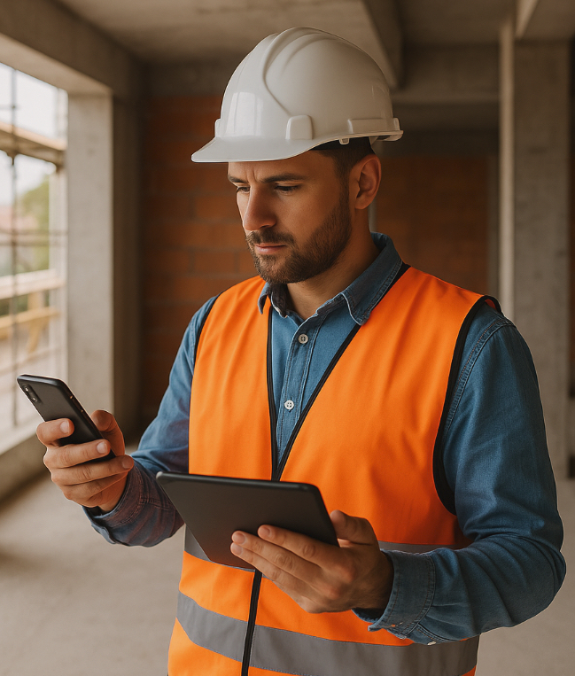 Handwerker mit Schutzhelm nutzt Smartphone und Tablet auf der Baustelle
