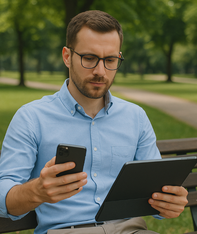 Selbständiger arbeitet mobil mit Smartphone und Tablet im Freien